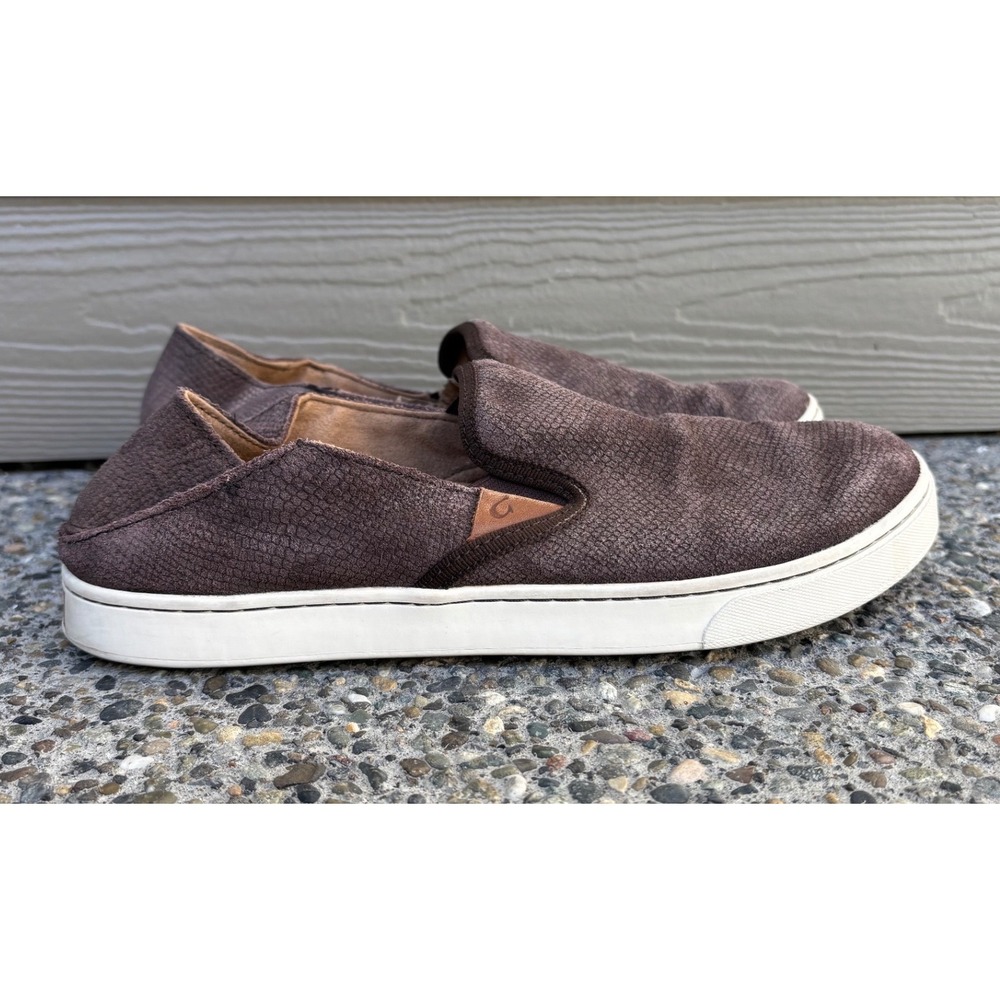 OluKai Pehuea Leather Slip On Shoes Women US W9.5 EUR 39.5 Purple/Brown Textured